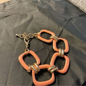 Coral Enameled Link Bracelet with Goldtone Hardware